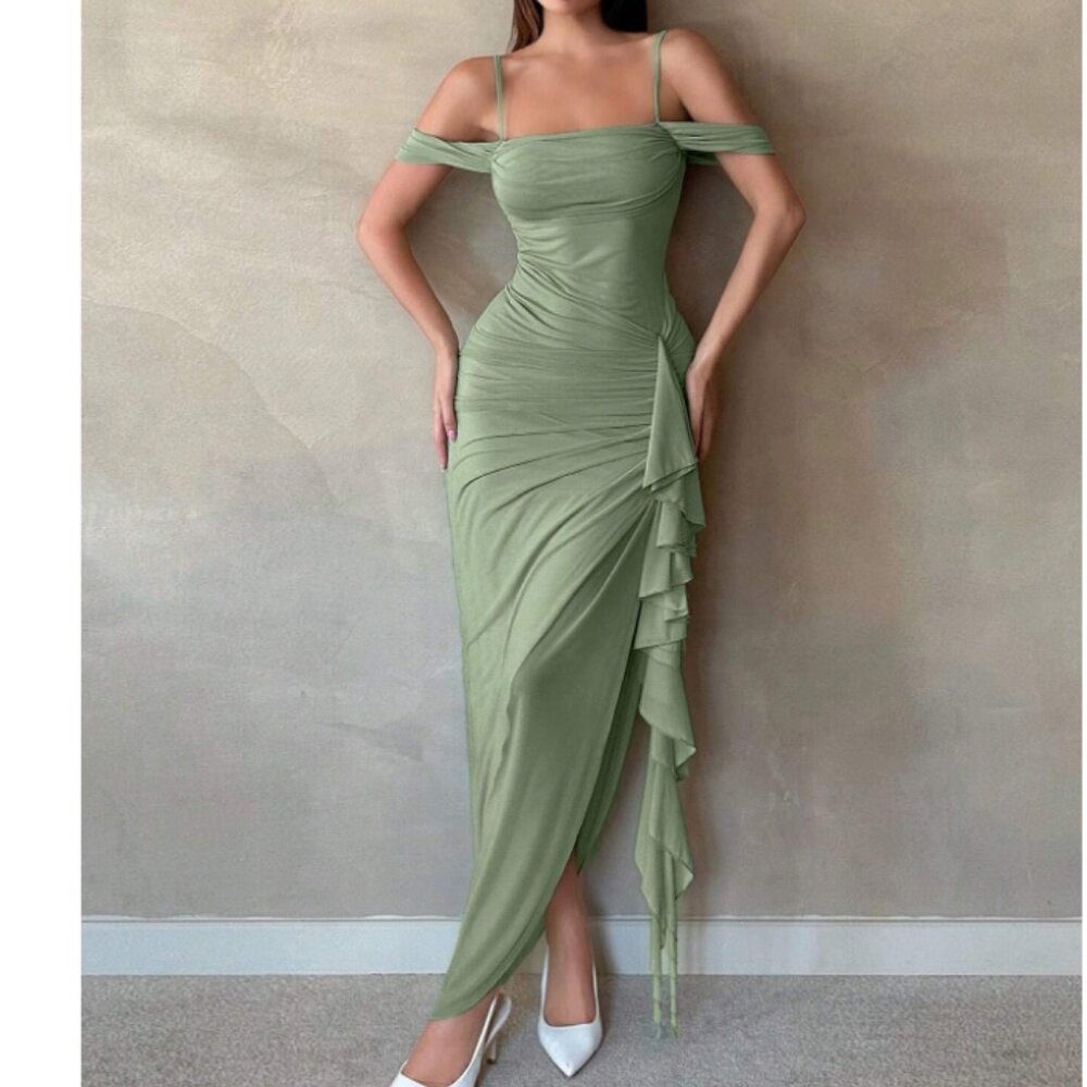 Sage Green Spaghetti Ruched Dress